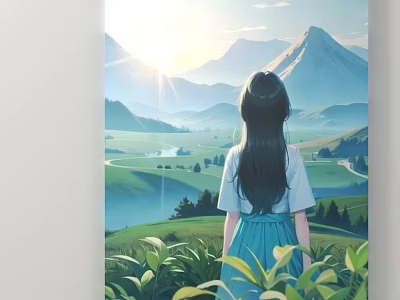 Girl With Long Hair Standing In Green Field Looking At Mountain View Under Sunlight 3d model