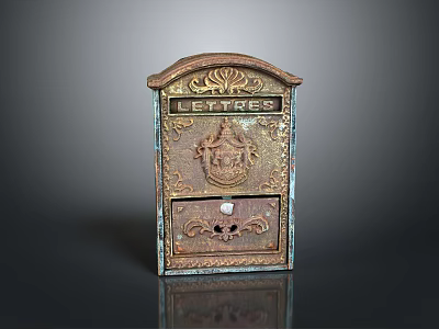 Antique Vintage Mailbox With Ornate Carvings Decorative Crest And Aged Brass Finish 3d model
