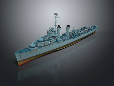 Detailed Vintage Military Gray Warship Model With Upper Structure Chimney Antenna On Reflective Surface 3d model