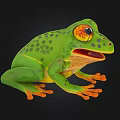 Green Aquatic Frog With Red Eyes Orange Toes Black Spots Opening Mouth On Black Background