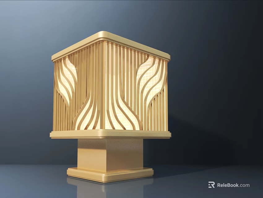 Golden Floor Lamp With Vertical Stripes And Wave Patterns Square Base Design 3d model