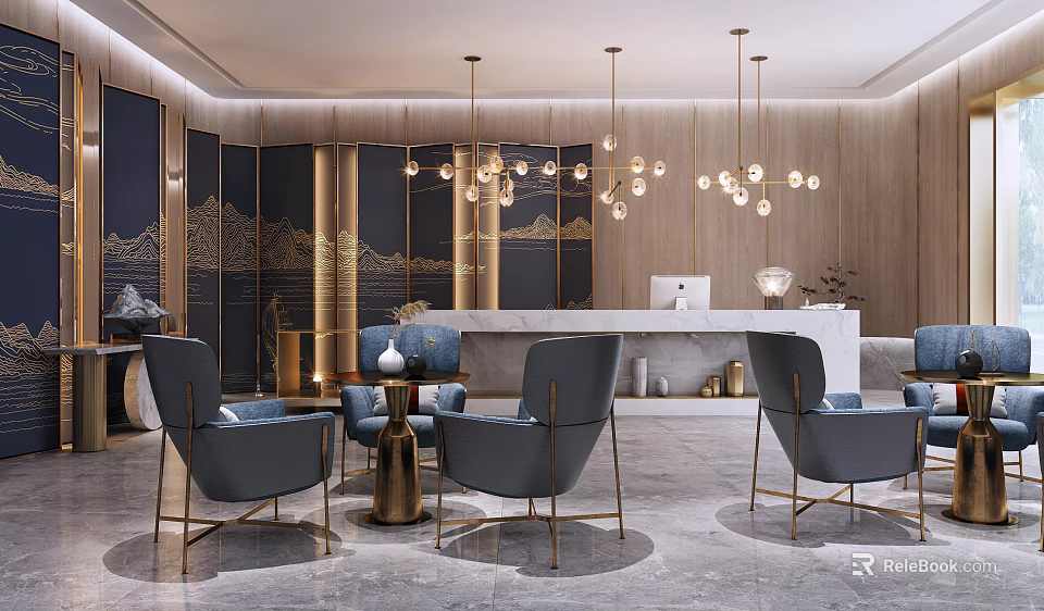 Elegant Hotel Lobby Interior With Golden Pendant Lights Blue Armchairs And Landscape Murals 3d model 
