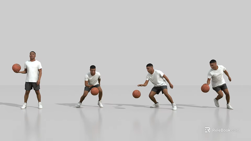 Dynamic Men Practicing Basketball Dribbling With Various Stances On Indoor Court 3d model 