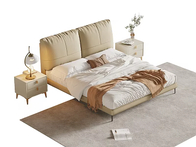 Modern Double Bed With Beige Leather Headboard White Bedding Brown Throw And Nightstands 3d model