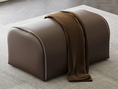 Brown Leather Sofa Stool With White Stitching And Brown Blanket On Indoor Rug 3d model
