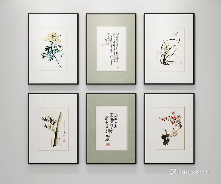Traditional Chinese Framed Paintings Featuring Floral Bamboo And Calligraphy Artworks 3d model 