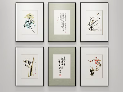Traditional Chinese Framed Paintings Featuring Floral Bamboo And Calligraphy Artworks 3d model