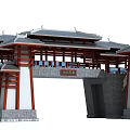 Traditional Chinese Entrance Gate With Classic Roof Red Pillars Stone Base And Inscription Plaque