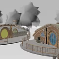 Hobbit Style Wooden House With Green Grass Roof Colorful Doors Wooden Fence And Trees Around