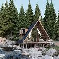 Rustic A Frame Villa Surrounded By Pine Trees Stream Rocks And Wooden Deck With Campfire 3d model