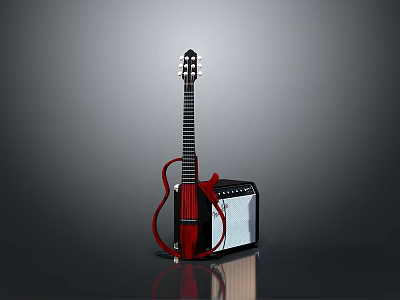 Sleek Red Wooden Guitar And Black Amplifier Set For Home Music Room Use 3d model