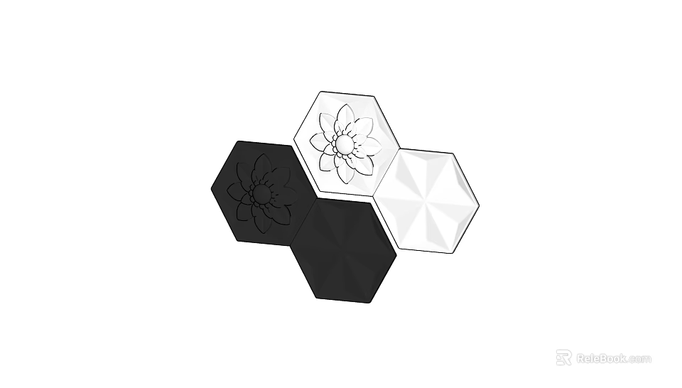 Modern Floor Design with Black and White Hexagonal Tiles and Intricate Flower Patterns 3d model 