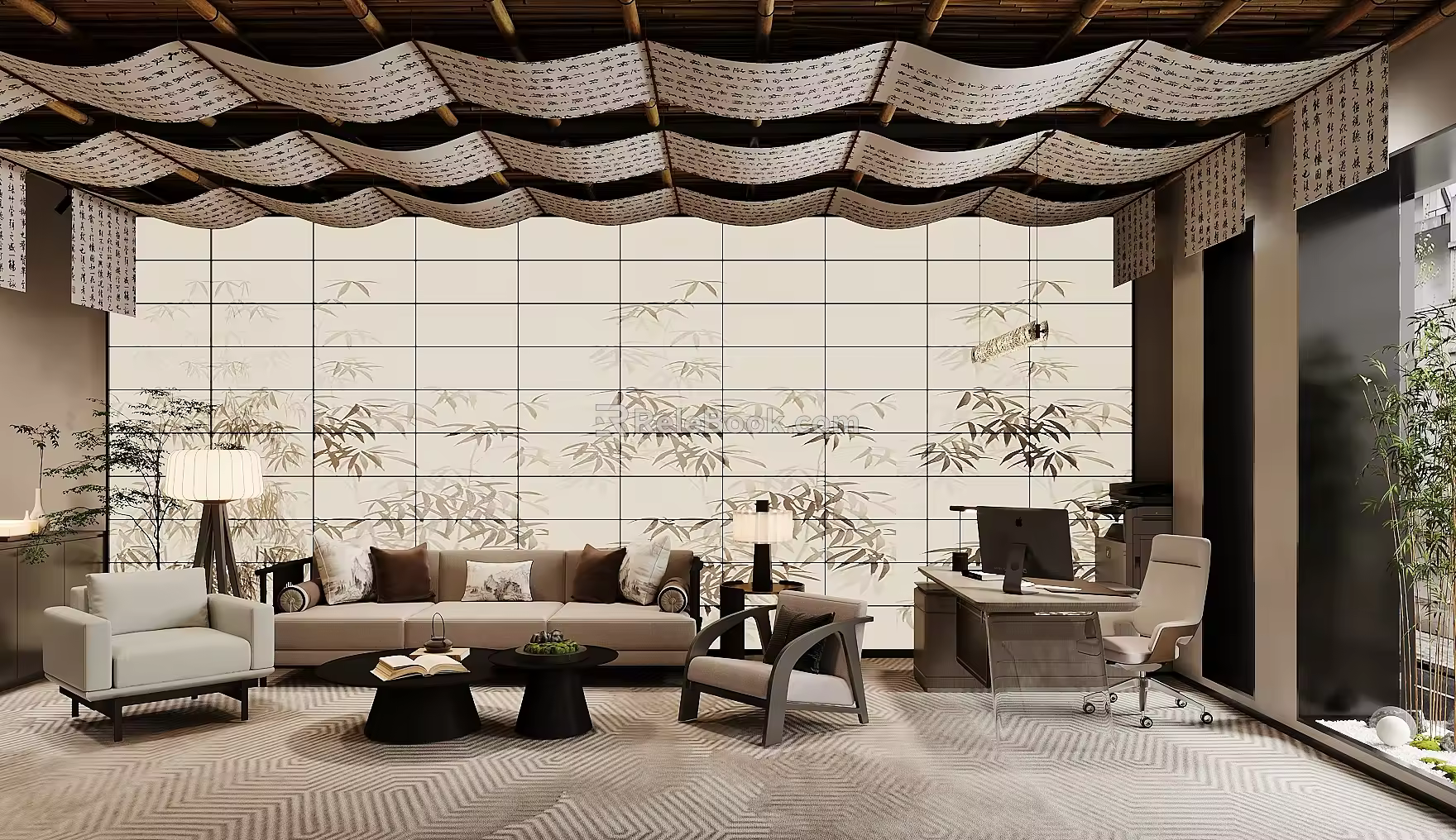Modern New Chinese-style Office Company Reception Area Reception Area Sofa Tea Table and Combination Chinese-style Floor Lamp Table Lamp Chairman Manager Office Desk and Chair Combination 3d model