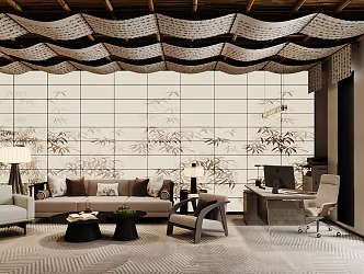 Modern New Chinese-style Office Company Reception Area Reception Area Sofa Tea Table and Combination Chinese-style Floor Lamp Table Lamp Chairman Manager Office Desk and Chair Combination 3d model
