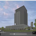 Modern Tall Residential Building With Glass Facade Trees Street Evening Sky People And Cars