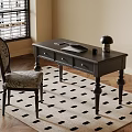 Black Wooden Desk With Drawers Upholstered Chair On Geometric Patterned Rug By Window With Blinds