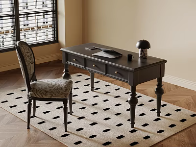 Black Wooden Desk With Drawers Upholstered Chair On Geometric Patterned Rug By Window With Blinds 3d model