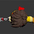 Cartoon Child with Brown Hair Wearing Yellow Vest Red Scarf Holding Mechanical Arm Tool
