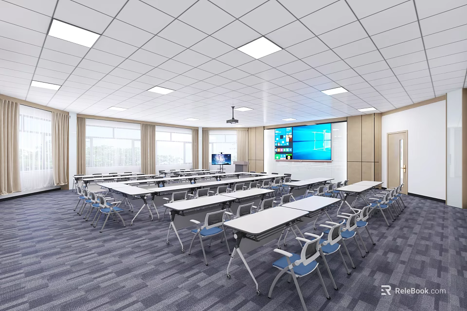 Modern Conference Room With Long Tables Chairs Large Screen Projector Gray Carpet And White Ceiling 3d model 