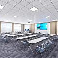 Modern Conference Room With Long Tables Chairs Large Screen Projector Gray Carpet And White Ceiling