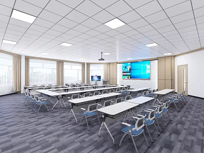 Modern Conference Room With Long Tables Chairs Large Screen Projector Gray Carpet And White Ceiling 3d model