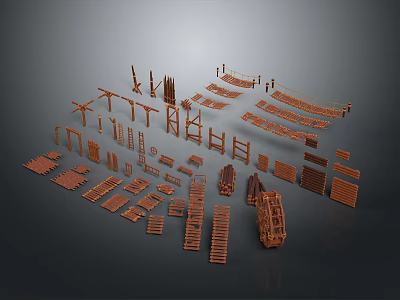 Various Wood And Stone Construction Components Featuring Railings Flooring And Frames 3d model