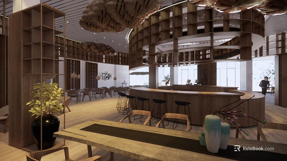 Modern Cafe Interior Design With Wooden Bar Counter Pendant Lights Plants And Cozy Seating 3d model 