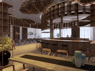 Modern Cafe Interior Design With Wooden Bar Counter Pendant Lights Plants And Cozy Seating 3d model