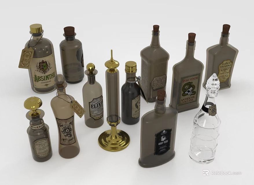 Vintage Decorative Glass Bottles With Various Sizes Shapes Designs And Labels 3d model 
