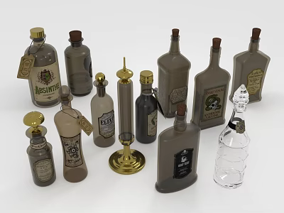 Vintage Decorative Glass Bottles With Various Sizes Shapes Designs And Labels 3d model