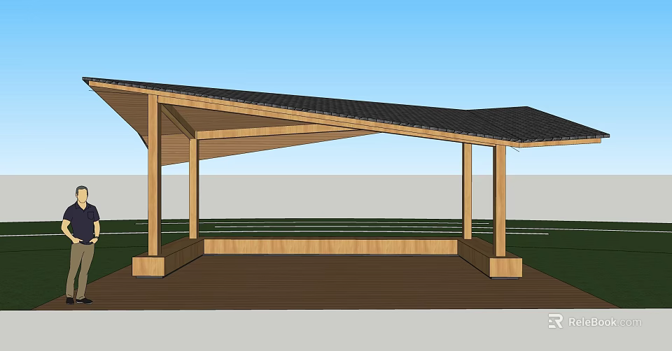 Wooden Pergola Structure With Sloped Roof And Support Columns In Outdoor Area 3d model 