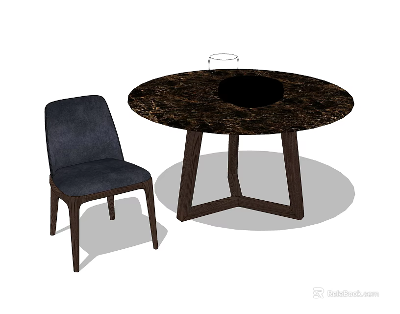Modern Round Dining Table Set With Dark Marble Top And Navy Blue Upholstered Chair 3d model 