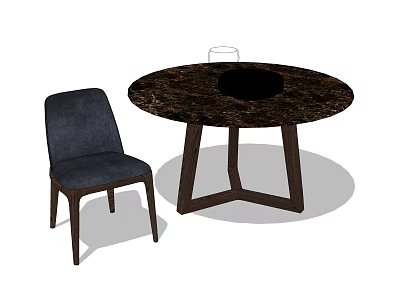 Modern Round Dining Table Set With Dark Marble Top And Navy Blue Upholstered Chair 3d model