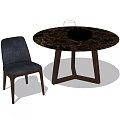 Modern Round Dining Table Set With Dark Marble Top And Navy Blue Upholstered Chair