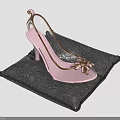Pink Strappy High Heels With Gold Bow Decorations On Black Mat