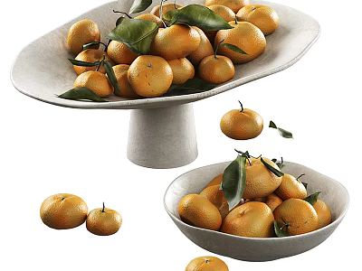 Fresh Ripe Mandarins With Green Leaves In White Pedestal And Round Bowls 3d model