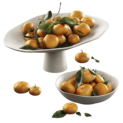 Fresh Ripe Mandarins With Green Leaves In White Pedestal And Round Bowls 3d model