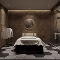 Luxurious SPA Sauna Featuring Massage Bed White Robes Dark Brown Walls Circular Light Hexagonal Tiles