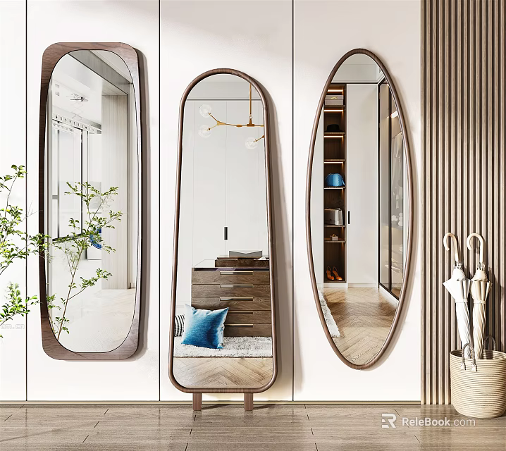 Three Different Shaped Mirrors On Modern Interior Wall Reflecting Sofa Cabinet And Green Plant 3d model 