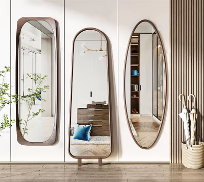 Three Different Shaped Mirrors On Modern Interior Wall Reflecting Sofa Cabinet And Green Plant 3d model
