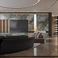 Elegant Modern Living And Dining Room With Leather Sofas Marble Flooring And Warm Ambient Lighting
