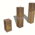 Outdoor Lights With Wooden Structure Intricate Cutout Patterns Golden Accents Various Heights