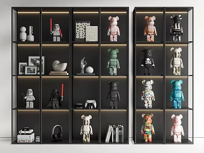 Black Multi Tiered Display Shelf With Collectible Figurines Lego Models Photos Headphones And Camera 3d model