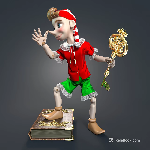 Elf Doll Red Shirt Green Shorts Red White Striped Hat Golden Key on Wooden Base 3d model 