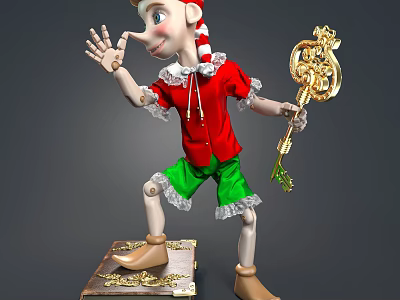 Elf Doll Red Shirt Green Shorts Red White Striped Hat Golden Key on Wooden Base 3d model