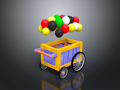 Handcrafted Wooden Cart with Colorful Balloons on Top and Black Spoked Wheels 3d model