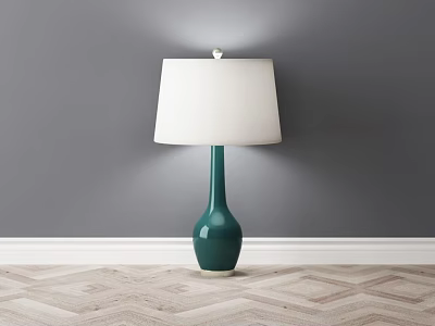 Green Base Table Lamp With White Shade Against Grey Wall And Herringbone Wooden Floor 3d model
