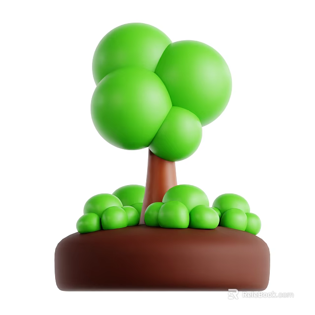 Green Decorative Bush with Round Leaves and Brown Trunk 3d model