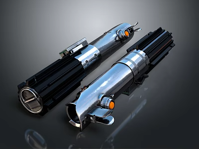 Modern Metallic Lightsaber Weapons With Silver Black Design And Glowing Orange Buttons 3d model