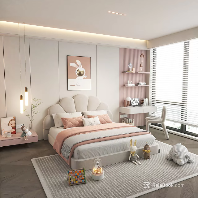 Kids Bedroom Interior Design With Pink Bedding Rabbit Wall Art Study Desk And Plush Toys 3d model 